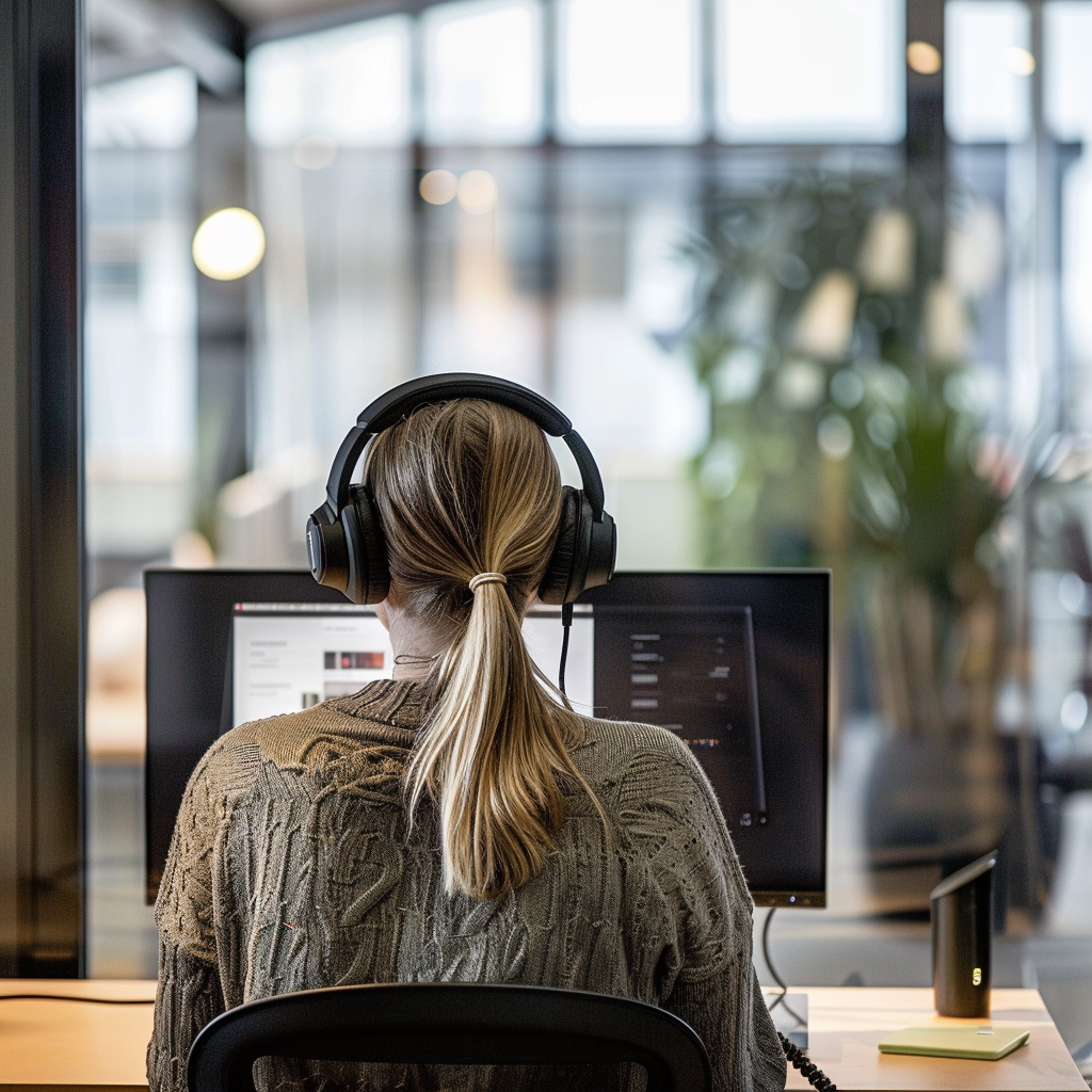 Person mit Kopfhörer sitzt an einem PC