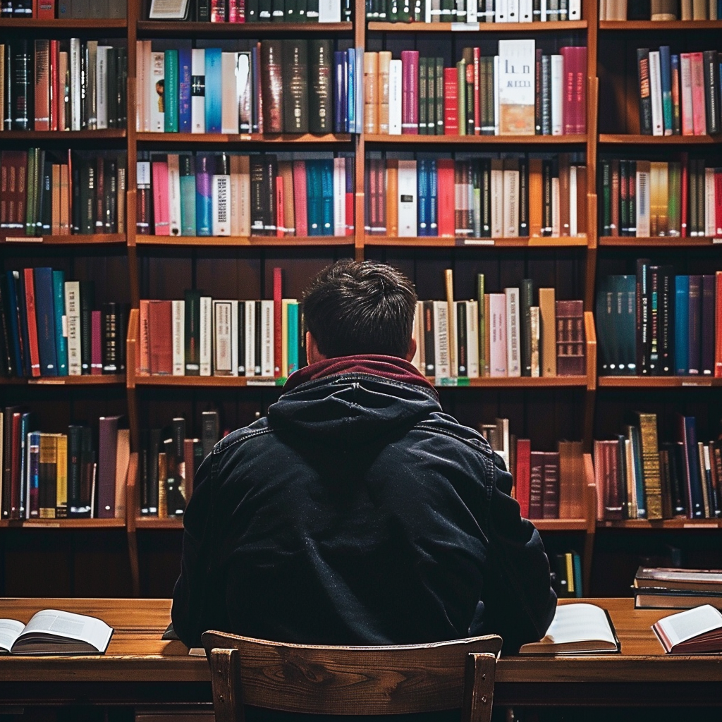 Junger Mann vor Bücherregal